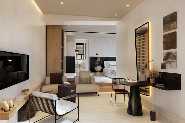 Interior of a guest room at Domes Tholos Santorini