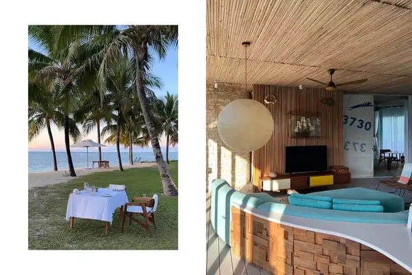 Beachside dinner under the palm trees and the interior living area at Miavana