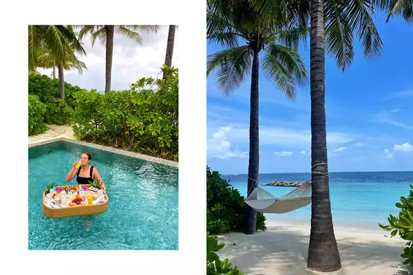 Woman in pool with floating basket of food and a hammock on the beach between two palm trees