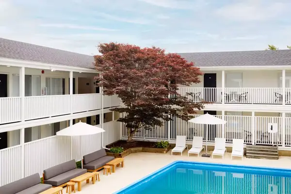 A courtyard pool at a modern motor lodge