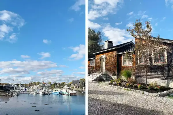 Left, boats in Kennebunk, Maine harbor; Right, exterior of Friendship Cottage