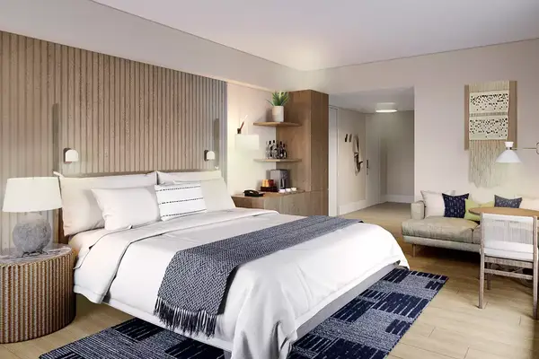 Interior of a guest room at the Newport Harbor Island Resort