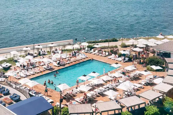 Aerial view of the pool at the Newport Harbor Island Resort