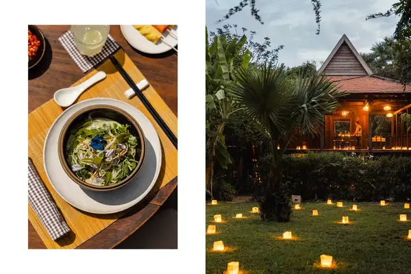 A bowl of rice noodles with beautiful place setting and the Khmer Village house at Amansara
