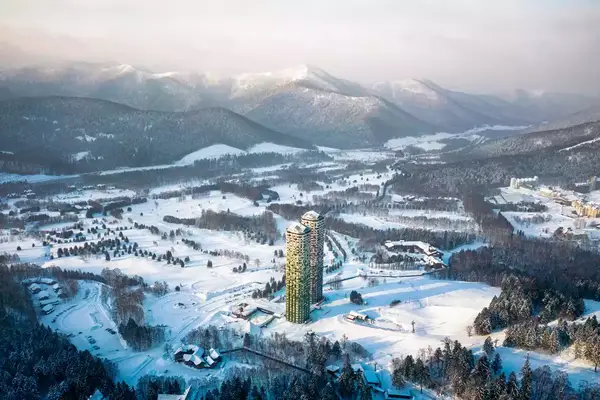 Photo of Hoshino resorts in Tomamu in Winter, the resort is a perfect place for snow touring and ski, the two tall buildings are the Tomamu the Tower hotel. Photo taken by drone device on 14/02/2019. Photo is not released, consider for Editorial use.