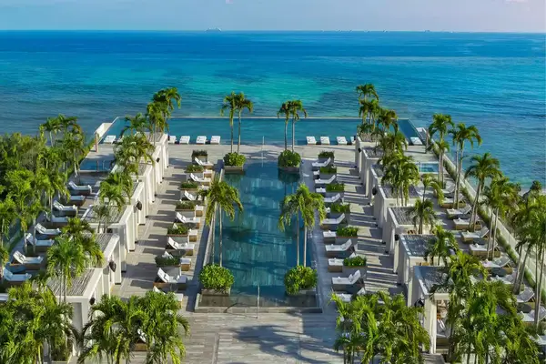 Aerial view of the rooftop pool at Impression MoxcheÌ by Secrets, Playa del Carmen, Mexico