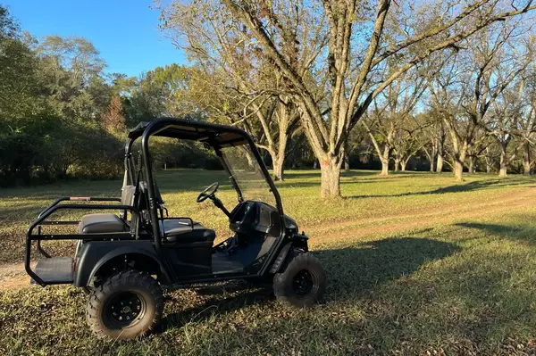 An allterrain vehicle parked in a grassy area surrounded by a grove of trees