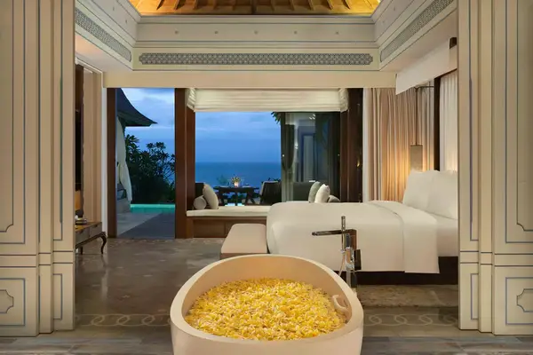 Interior of an ocean view guest room at Jumeriah Bali