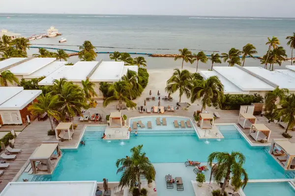 A beachfront resort featuring a pool surrounded by lounge areas and palm trees, with an oceanfront view