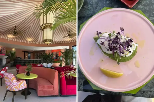 A stylish lounge interior with red and pink tones, and a plate featuring avocado toast garnished with microgreens and a lemon wedge