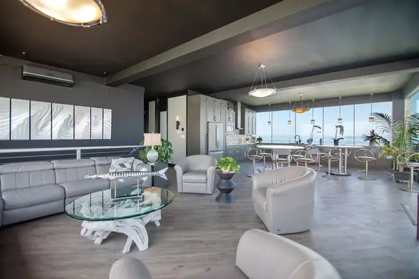 Interior living and dining area of the floating Yacht Villa in Florida