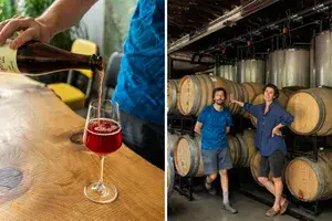 A pair of photos one showing a person pouring wine and the other two people in a distillery.