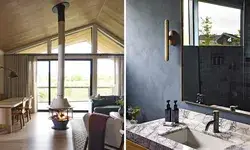 A modern living room with a fireplace and adjacent image of a bathroom sink and mirror both in a luxury accommodation setting