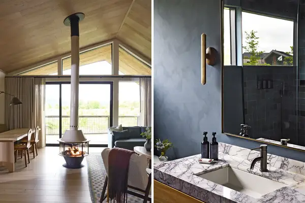 A modern living room with a fireplace and adjacent image of a bathroom sink and mirror both in a luxury accommodation setting