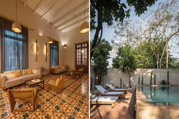 Two photos from Yucatan hotels, including the interior of the Decu Downtown, and the pool at Casona Los Cedros