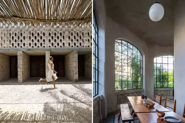 Two photos showing Yucatan hotels, including the exterior of Club de Patos, and the interior of Casa Puuc