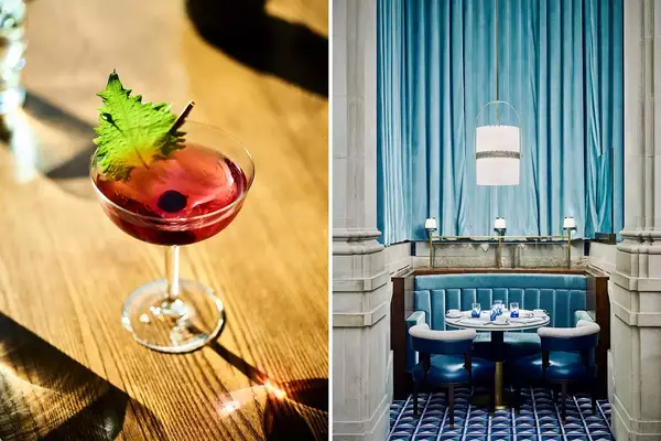 Two photos from Boston hotel restaurants and bars, including a cocktail, and a blue booth