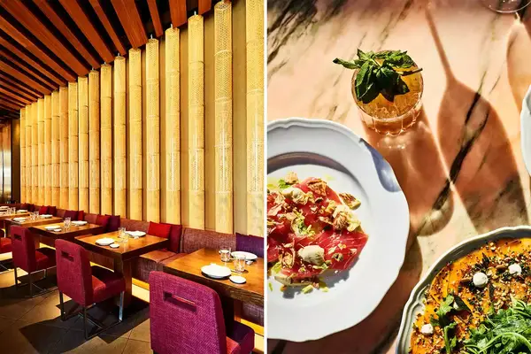 Two photos from hotels in Boston, including the interior of a restaurant, and food and a drink on a wooden table