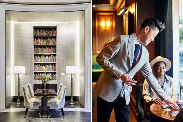 Two photos from Boston Hotels, including a lobby, and a scene in a bar