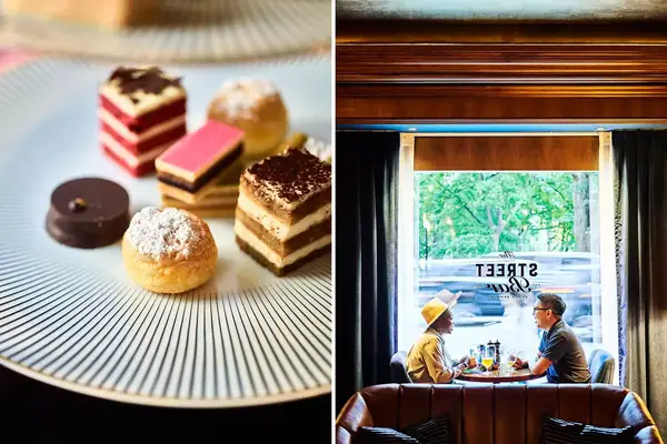 Two photos from Boston hotel restaurants, including petit fours at the Four Seasons, and a window seat at the Street Bar