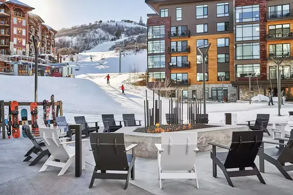 A fire pit at the base if the slopes at the Pendry Park City 