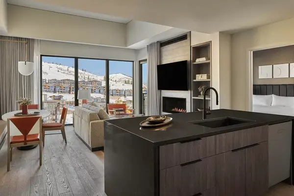 View of the mountain peak from inside a residence living area at Pendry Park City 