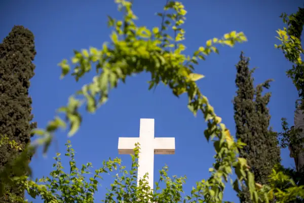 white cross against blue sky backdrop framed in greenery