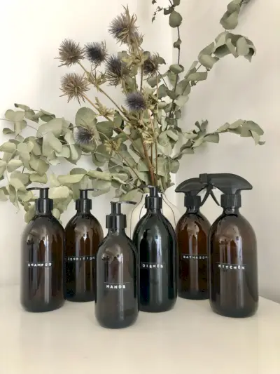 refillable glass bottles for plastic-free kitchen and bathroom
