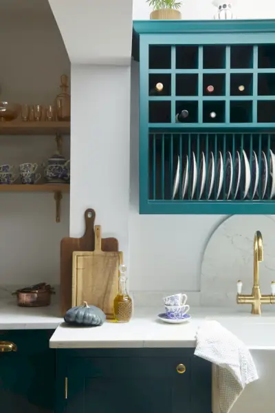 country kitchen with blue cabinets