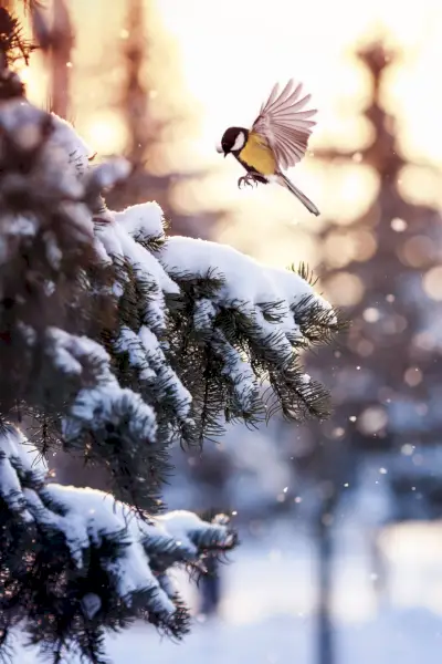 christmas postcard with a bird tit flying over a christmas tree covered in snow on a winter day