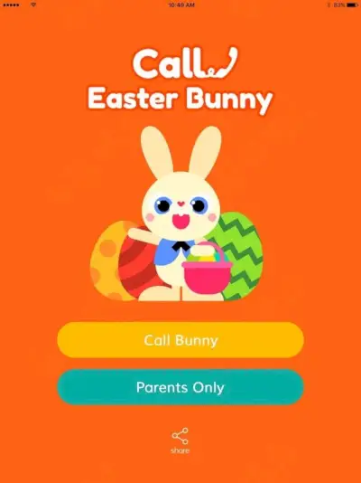 call easter bunny app with illustration of easter bunny and buttons that say call bunny and parents only