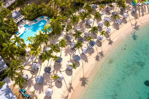 Aerial view of beach and pool at Curtain Bluff