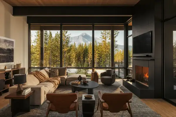 Luxury living room with mountain view large windows and stylish furniture