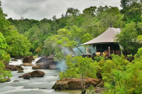 A luxury tented resort situated near a flowing river surrounded by lush greenery