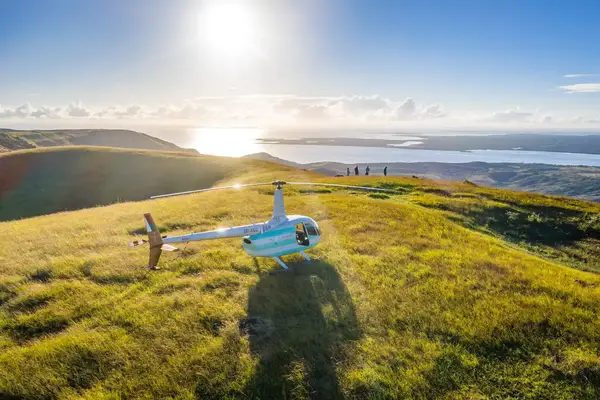 A helicopter is parked on a grassy hill with a view of the ocean and distant shoreline