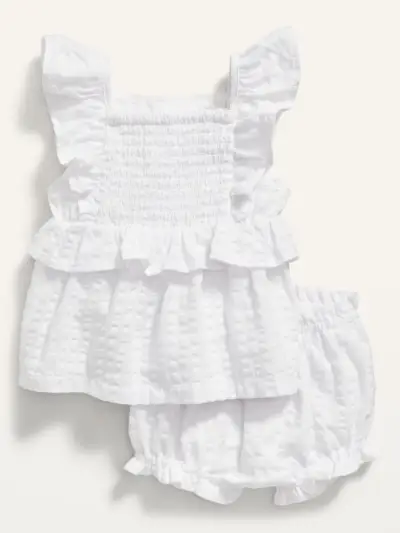 Ruffle-Trim Seersucker Dress and Bubble Set 