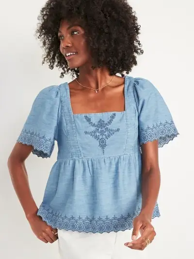 Chambray Flutter-Sleeve Embroidered Top