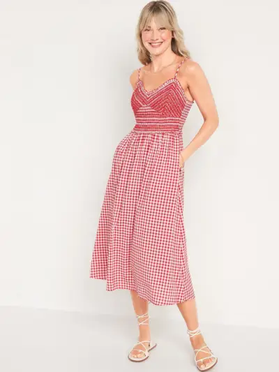 Gingham Embroidered Smocked Midi Cami Dress 