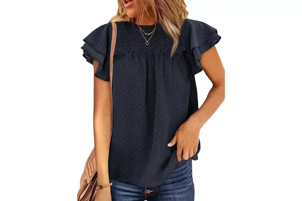 Dokotoo Womens Crewneck Lace Crochet Pom Pom Flowy Short Sleeve Casual Shirts Blouses Tops