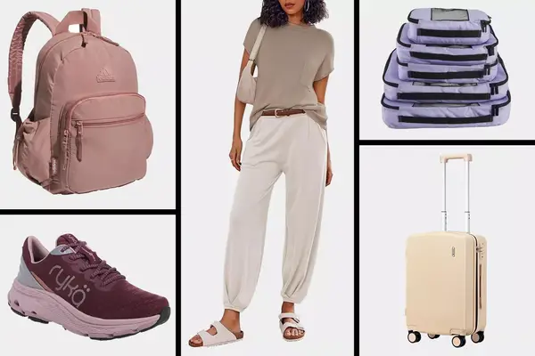 Collage with a person dressed in casual wear, travel backpack and luggage, sneakers and packing cubes