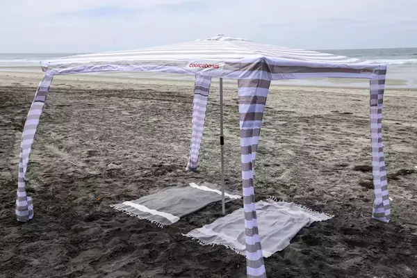 The CoolCabanas CoolCabana 5 on the beach after assembly