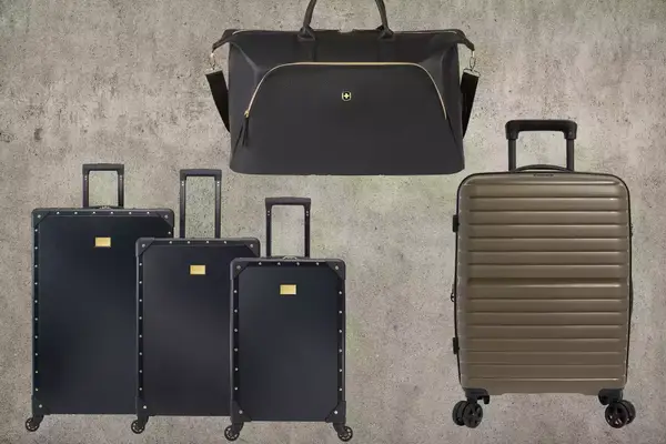collage of luggage sets in different style and colors on graphite background