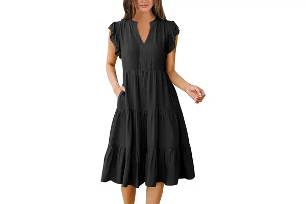 ANRABESS Womens Summer Dress Ruffle Sleeve V Neck Midi Dresses Fashion Casual Fit Flowy Tiered Boho Beach Vacation Sundress