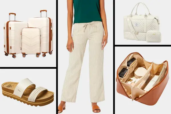 Collage of items including striped pants travel baggage sandals travel bag with organization compartments