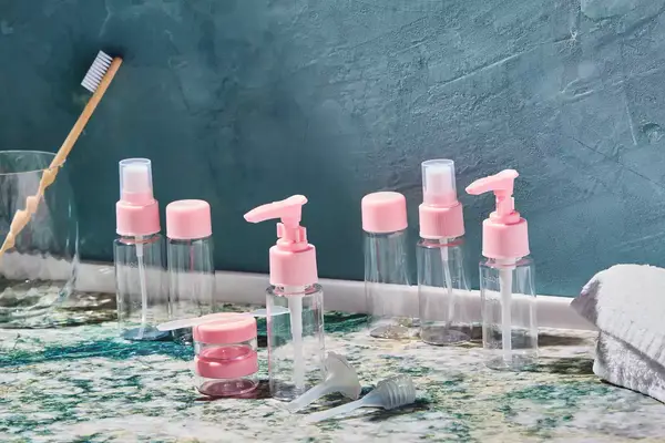 Vitog Travel Bottles sitting on a bathroom counter