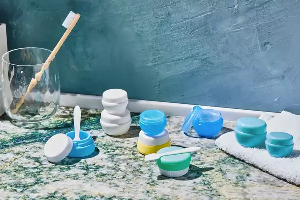 Cosywell Travel Containers on a bathroom counter