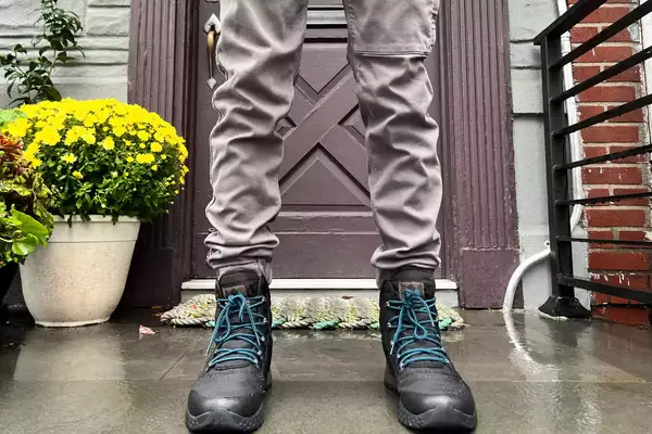A person wears the Columbia Mens Fairbanks Omni-Heat Boot