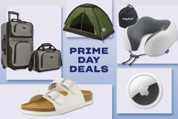 A composition of items including luggage, a tent, a neck pillow, sandals, and a device tracker with 