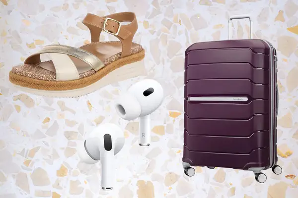 Sandals wireless earbuds and a suitcase displayed together