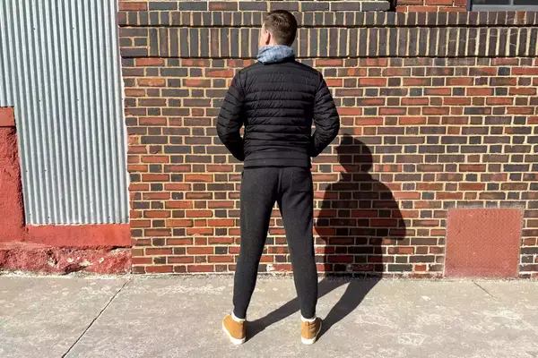 A person looking at a wall while wearing the Quince Mongolian Cashmere Jogger